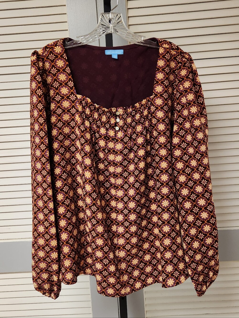 Draper James Square Neck Top Blouse Burgundy Geo Print Long Sleeve Top XXL NWT
